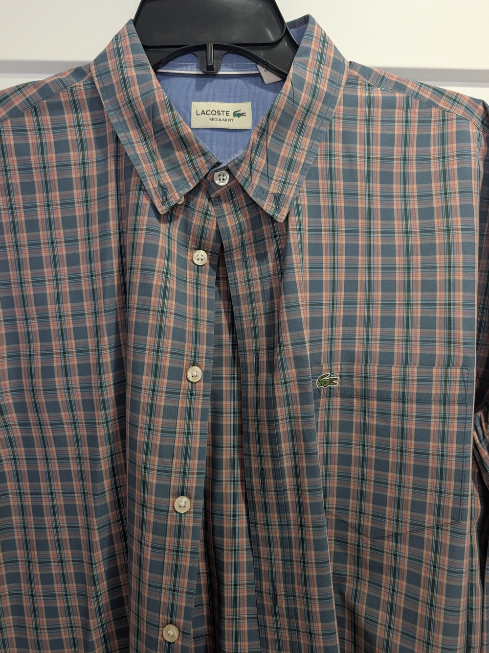 Lacoste Men's Blue and Pink Plaid Button-Down Shirt